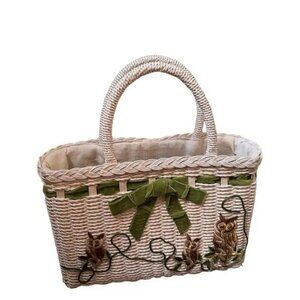 Vintage Woven Basket With Embroidered Owls & Ribbon Details Made in Japan